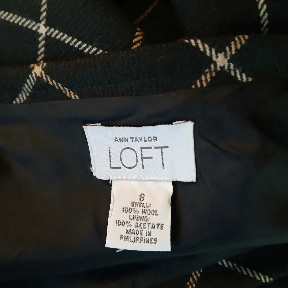 LOFT Black Plaid Wool Midi Skirt Size 8